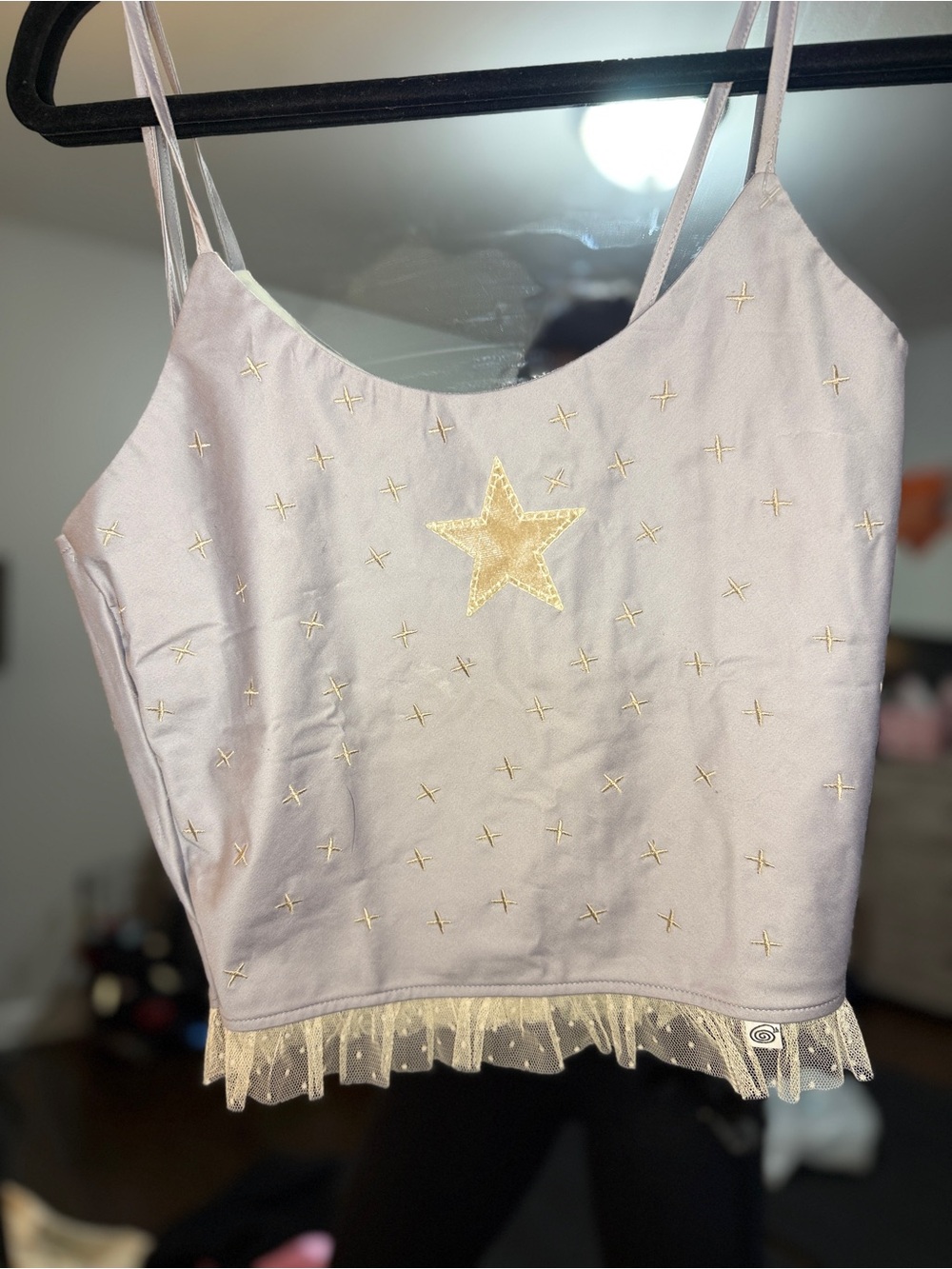 RARE Vintage 7th Dimension Celestial Star Embroidered Ruffle Cami Top Sz L
